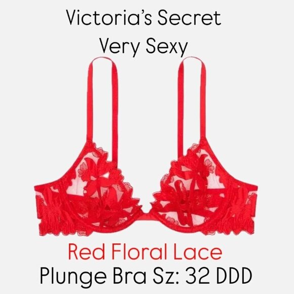 GORGEOUS Victoria's Secret 32DDD Very Sexy Red Floral Lace Appliqué Plunge Bra - Picture 2 of 8